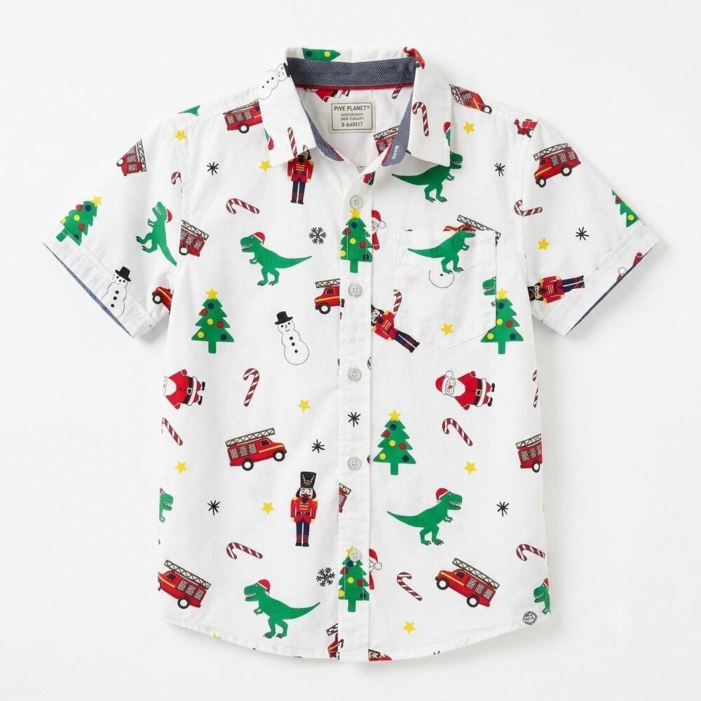 FREE PLANET Dinosaur Christmas Shirt Short Sleeve Button Up T Rex Cotton Boys 7